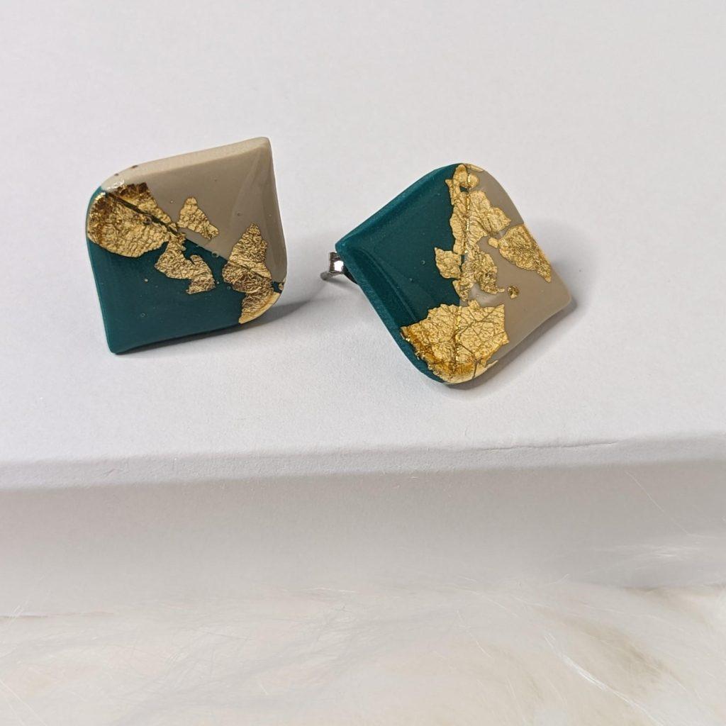 Σκουλαρίκια πολύγωνα πράσινο-χρυσό